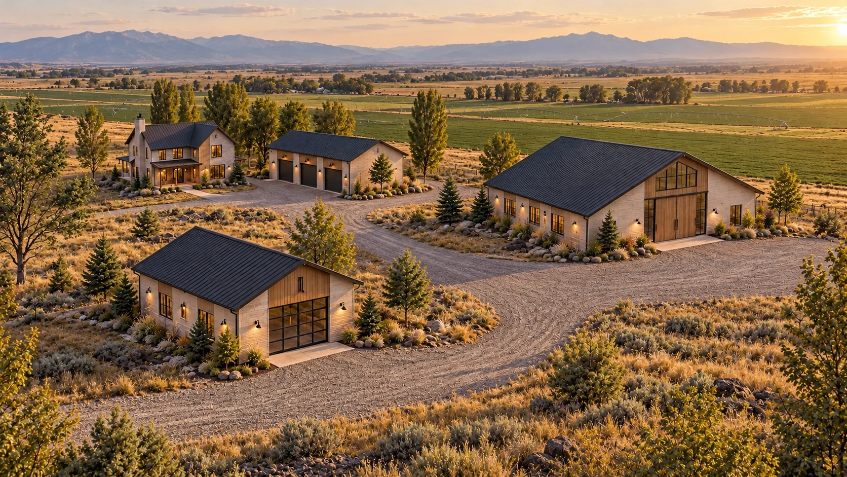 Illustrative Idaho Falls farmstead on the Eastern Snake River Plain, with workshop, garage, house, barn, irrigated fields and distant mountains