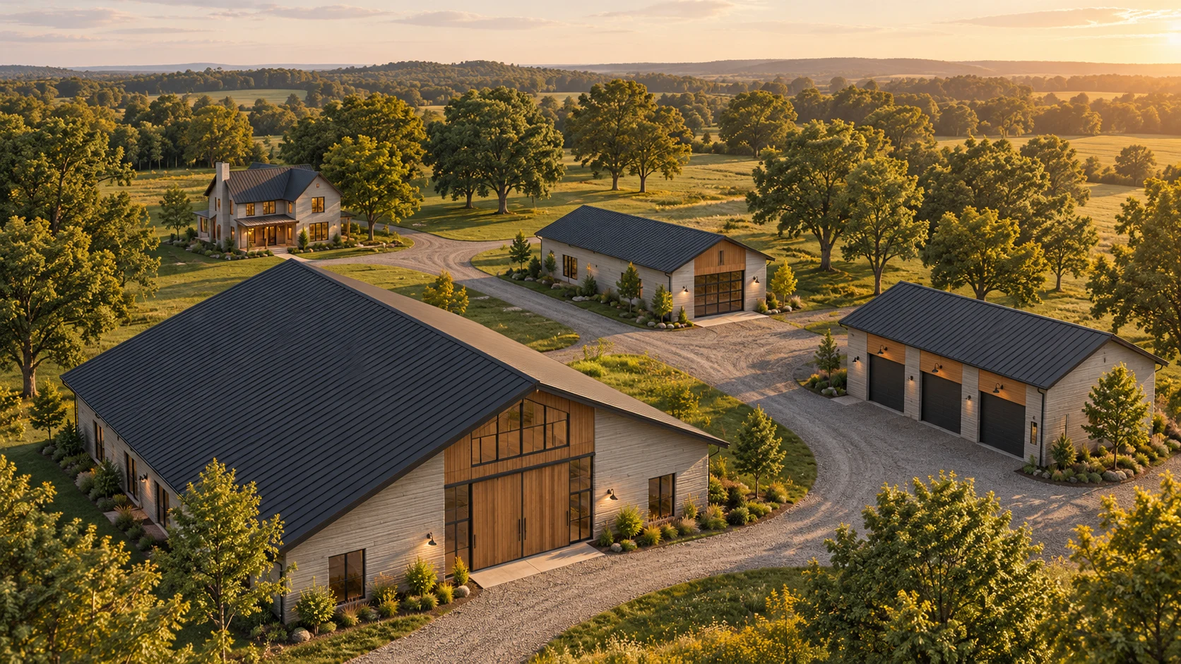Illustrative Wisconsin farmstead with a house, workshop, equipment garage and clear-span barn among mature trees