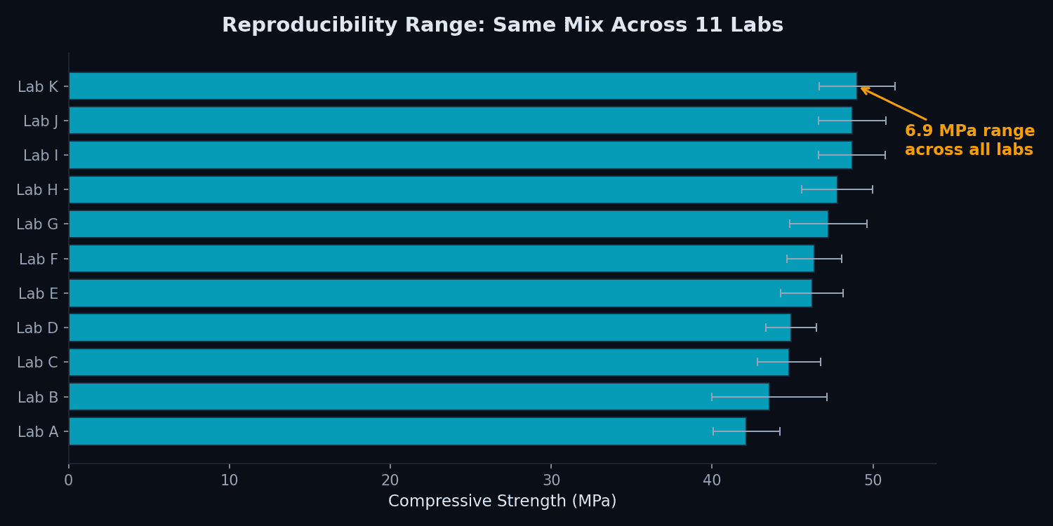 3D concrete printing reproducibility: compressive strength range across 11 labs