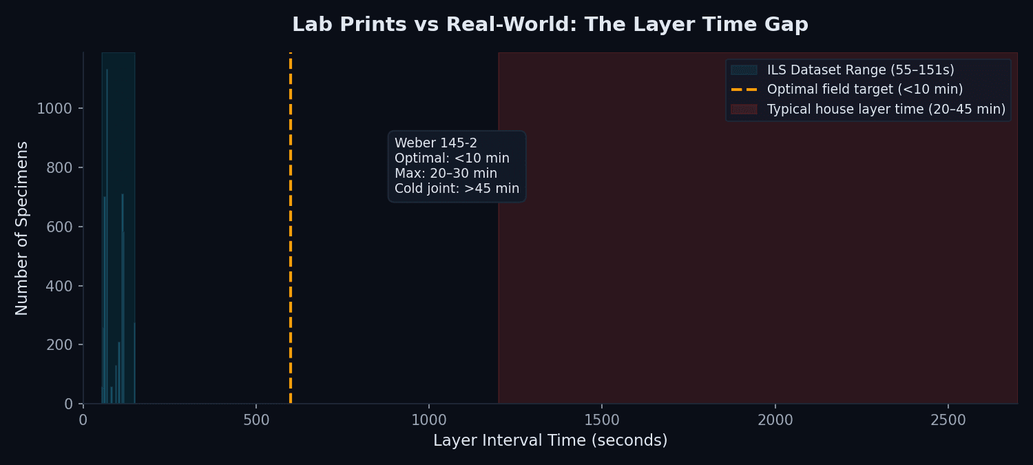 3D concrete printing process control: lab layer times vs real-world residential printing